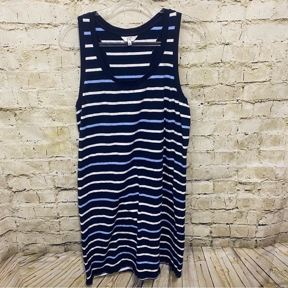 Crown & Ivy Blue White Striped Cotton Stretch Tank Sun Dress